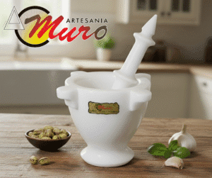 Mortero culo de almirez. Mortero de mármol blanco Macael para adorno, de Artesanía Muro
